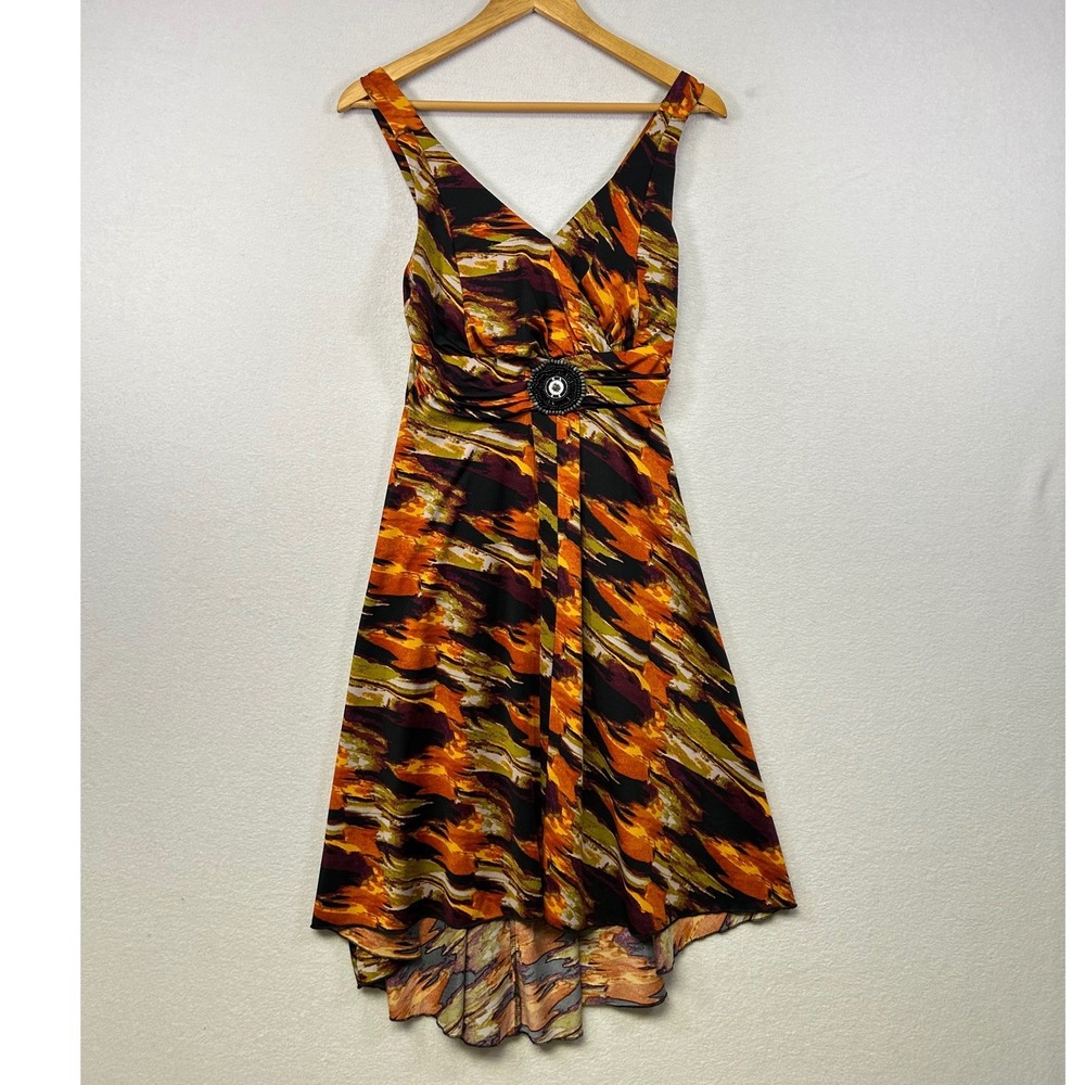 Women's Sleeveless V-Neck Ruched Embellished Midi Dress Size 10 Abstract Print